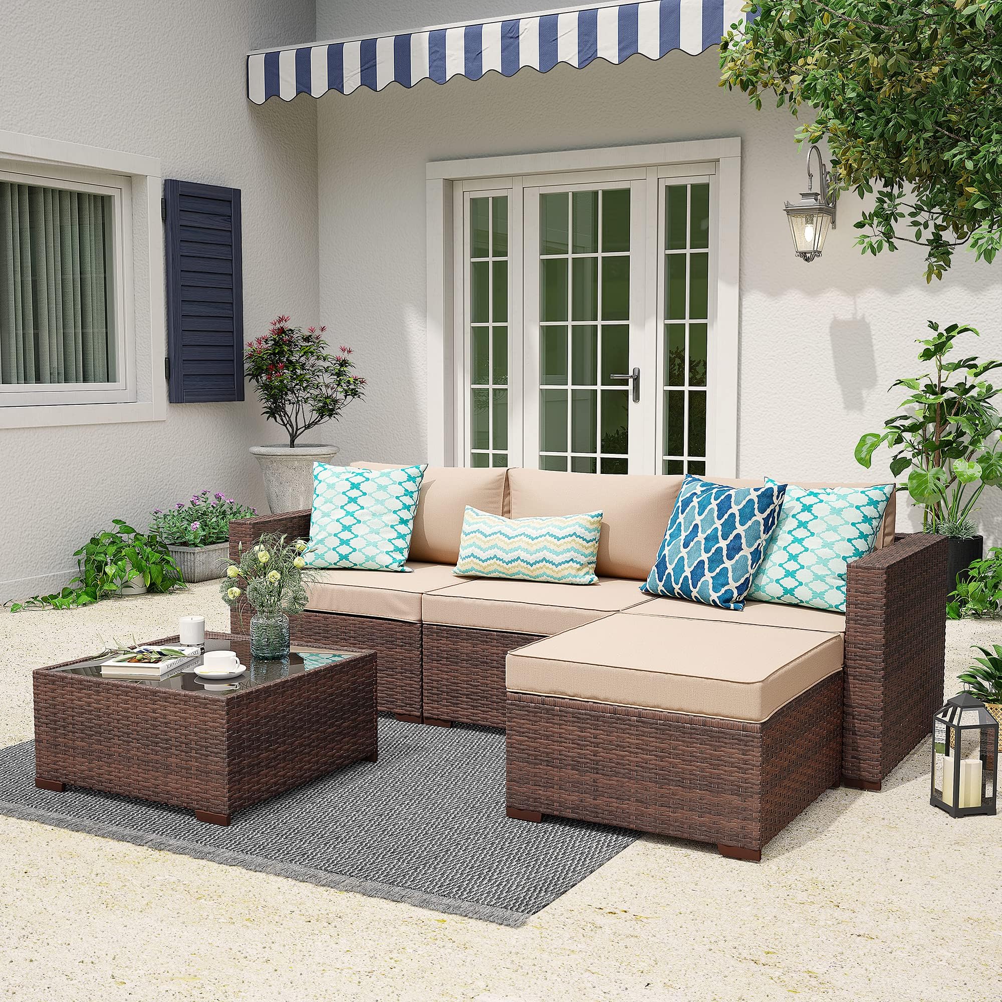 Super Patio Outdoor Patio Furniture Set, 5pc PE Wicker Rattan Sectional Furniture Set with Cushions and Coffee Table, Brown