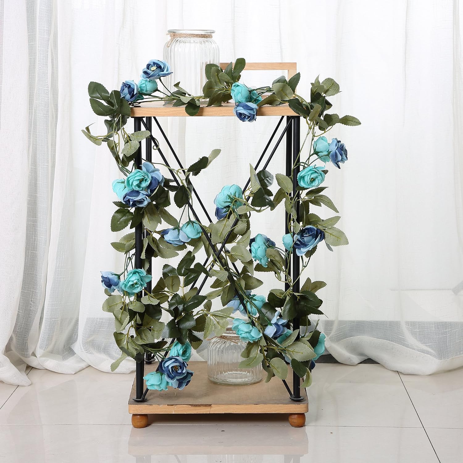 Felice Arts 2pcs Artificial Flower 7.2Ft Fake Rose Vine Green Leaf Hanging Vine Garland for Wedding Party Home Garden Wall Decoration-Blue
