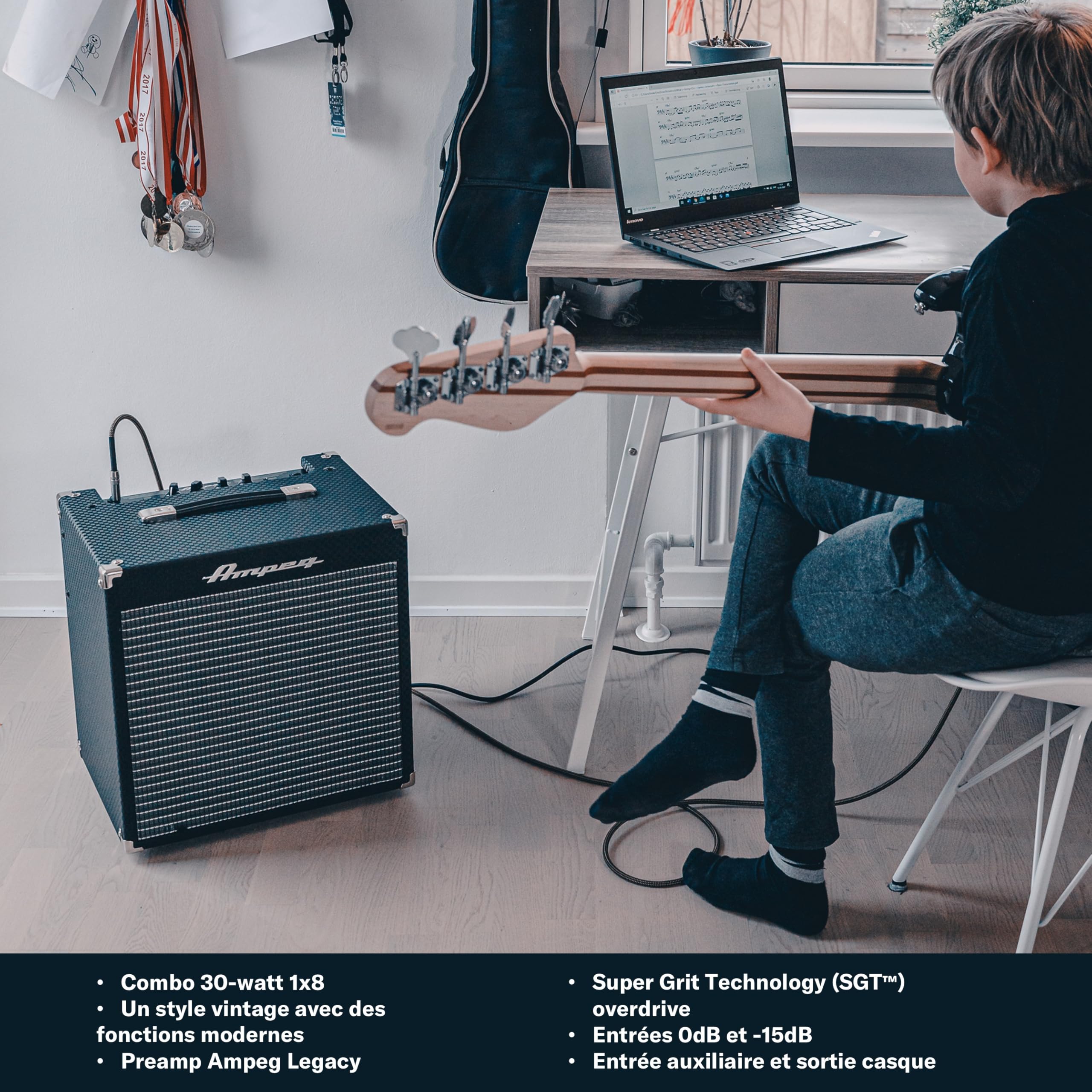AMPEG RB-108 Ampli Basse Combo – Ampli d'entraînement 30W avec préampli AMPEG Legacy, circuit SGT Overdrive, égaliseur 3 bandes, entrée AUX, sortie casque et haut-parleur 1x8" – Noir