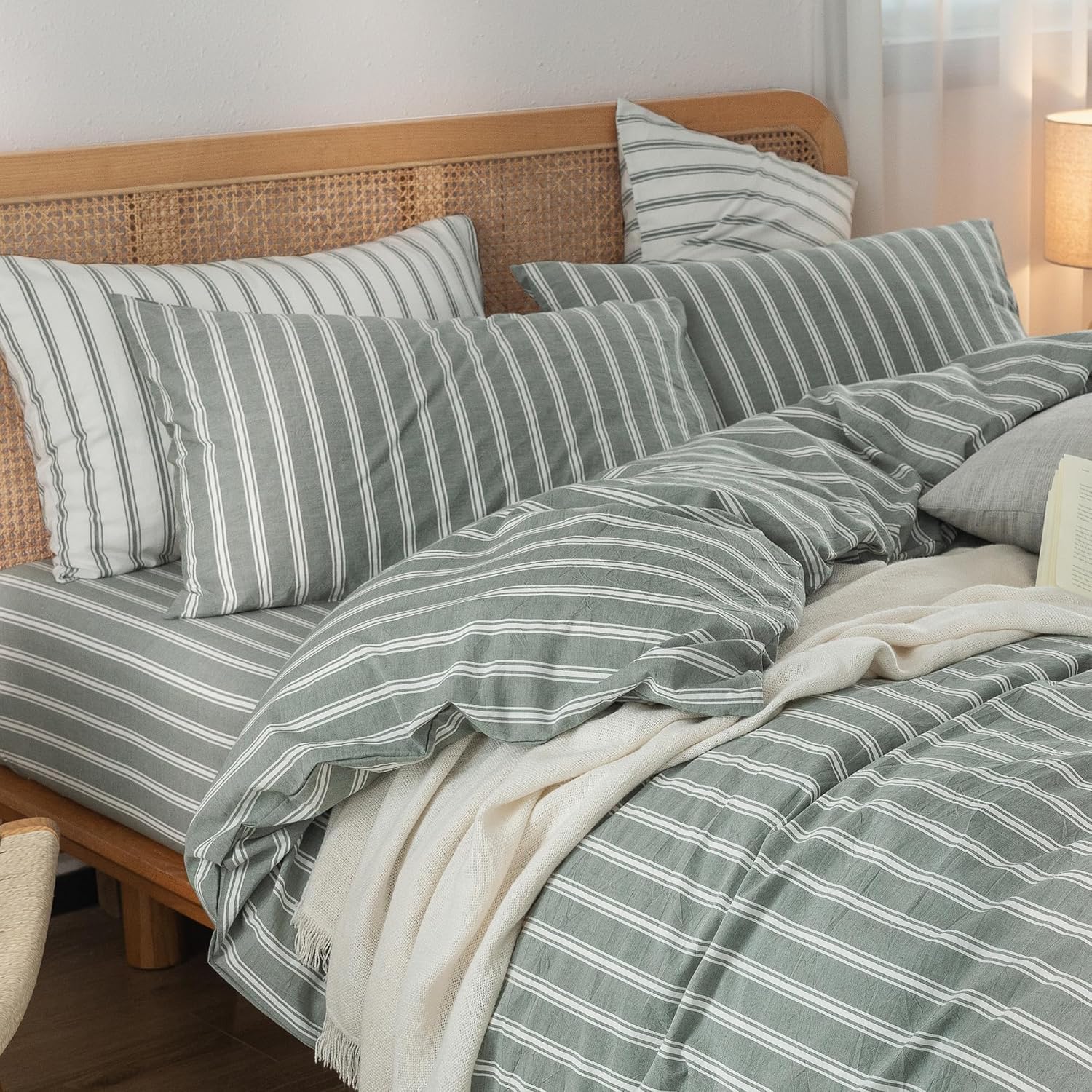  Striped Cotton Duvet Cover Set Linen Feel Twin thumbnail