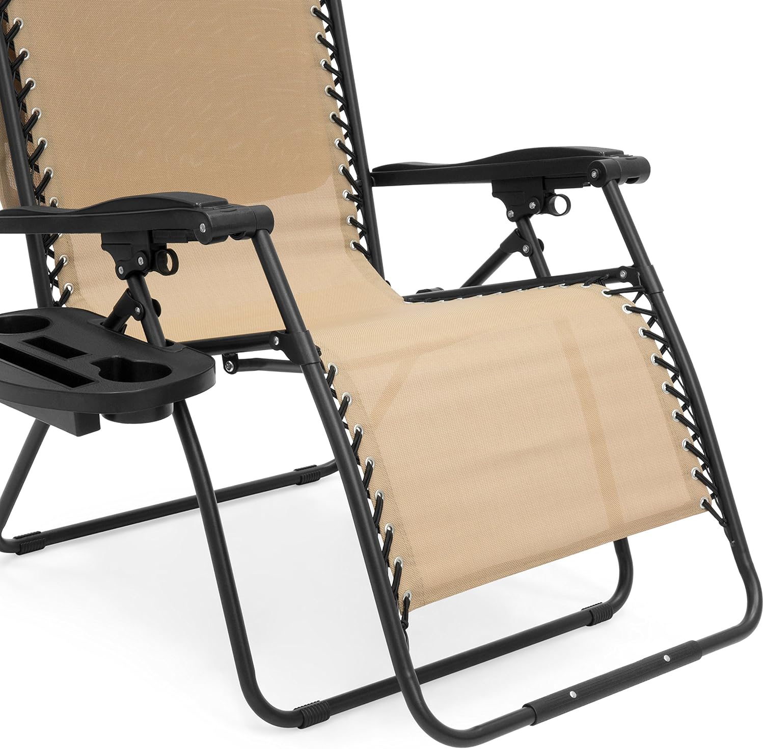 Best Choice Products Oversized Steel Mesh Zero Gravity Reclining Lounge Patio Chair w/Folding Canopy Shade and Cup Holder, Tan