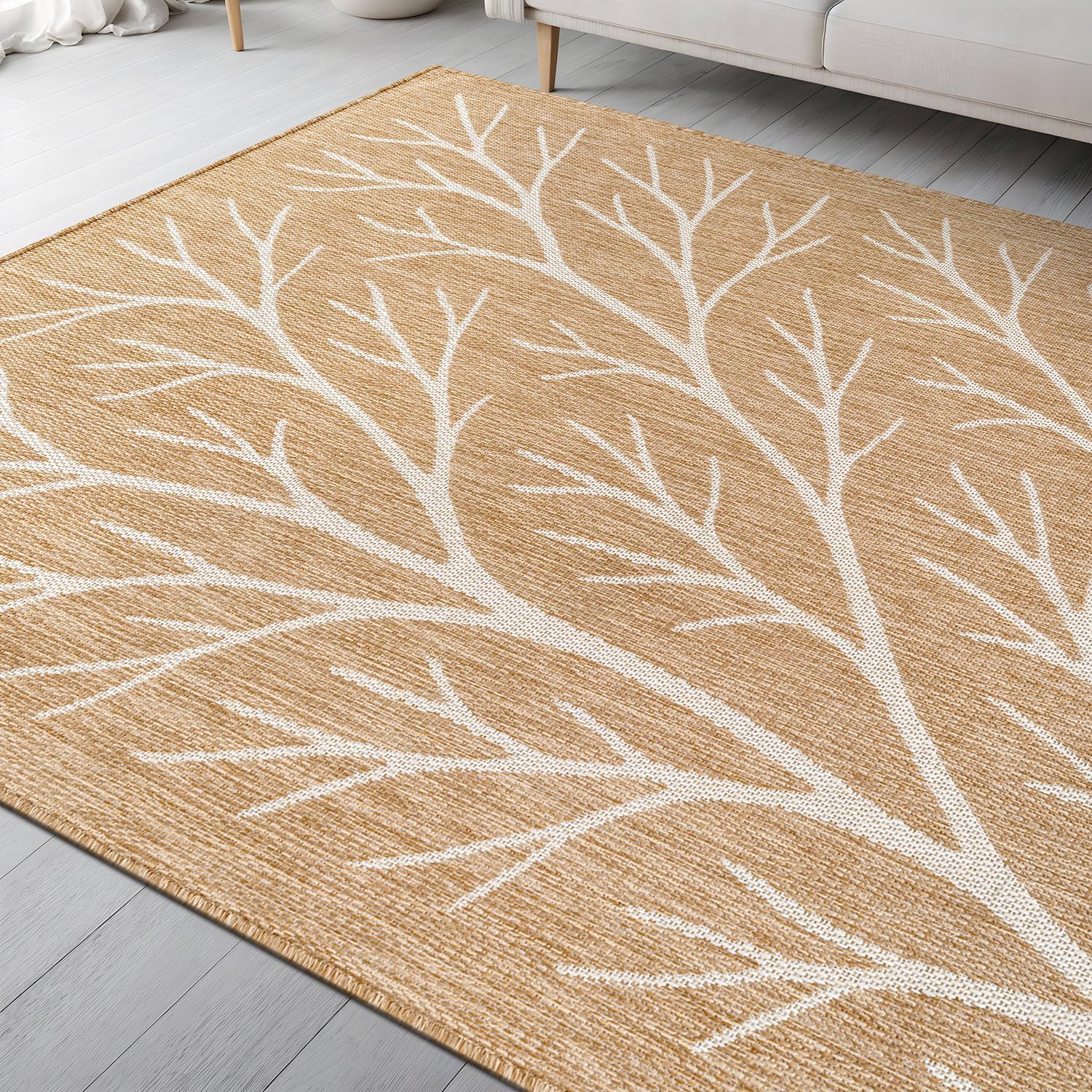 Washable Indoor Outdoor Rug 5x7 Modern Area Rugs Branch Pattern Non Shedding Waterproof Easy Clean Patio Deck Porch Living Room Bedroom Garden RV (5 X 7 Natural)