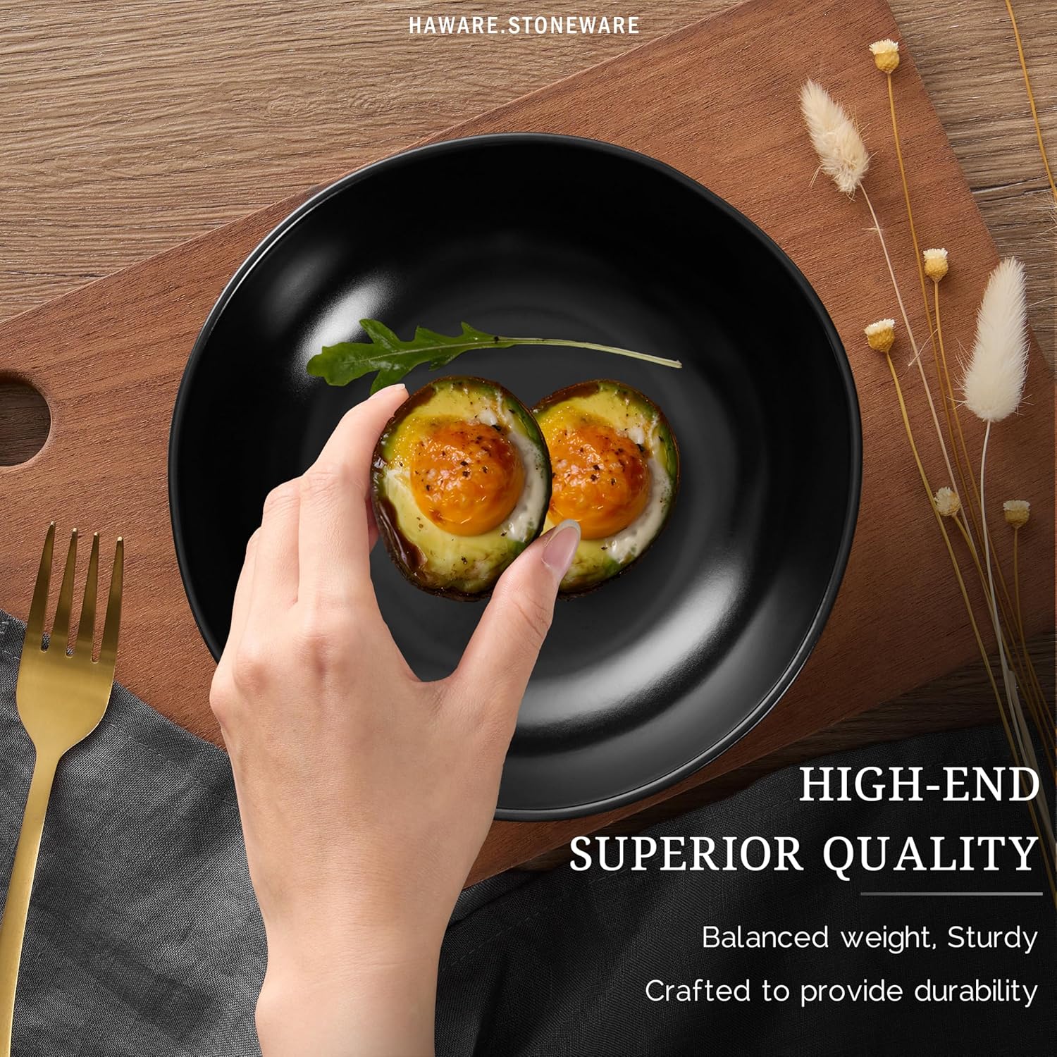 HaWare Dinnerware Sets, 12-Piece Stoneware Plates and Bowls Set, Dish Set for 4, Ceramic Dishware for Home Restaurant, Chip and Scratch Resistant, Microwave and Dishwasher Safe, Matte Black - Image 5