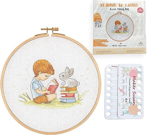 Miniatura 7 de Maker Susan Little Deer - Kits de punto de cruz para adultos y principiantes con aro de madera, tela DMC, hilos y agujas, tarjetas organizadoras de