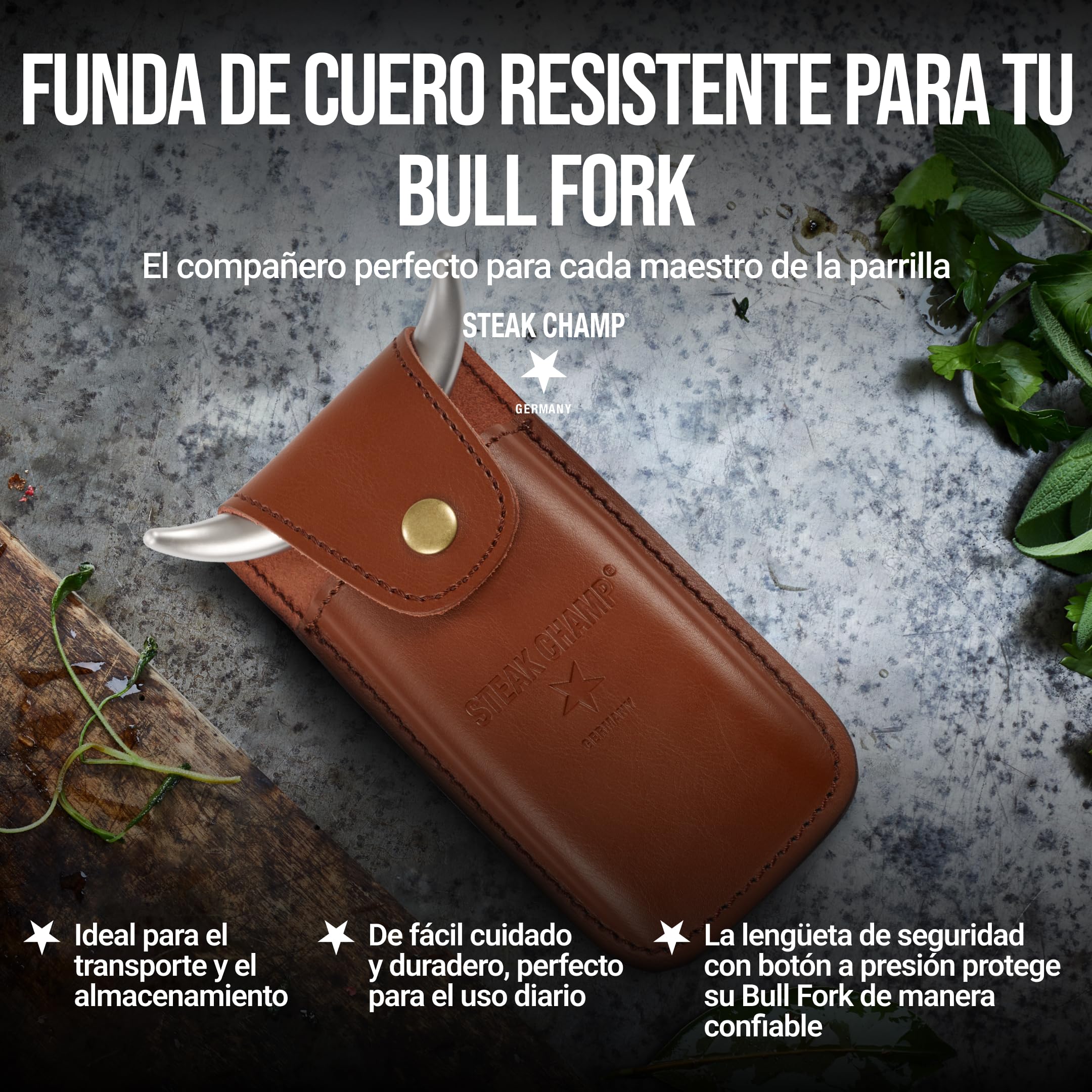 Funda de Cuero Steak Champ para Tenedor de Carne Bull Fork, Fabricada en cuero de alta resistencia, Ideal para Cinturón, con Lengüeta de Seguridad y Botón a Presión