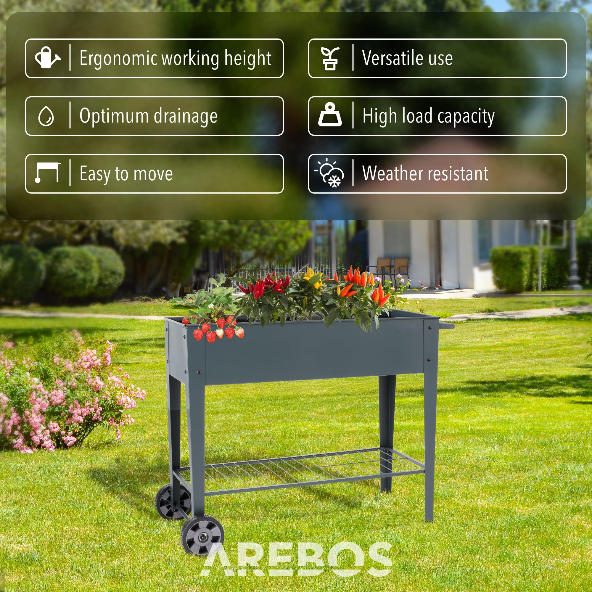 AREBOS Aiuola Rialzata con Ruote e Ripiano 108×51×80 cm | Fioriera da Giardino e Balcone | Orto Rialzato per Verdure e Erbe | Ideale per Terrazzo