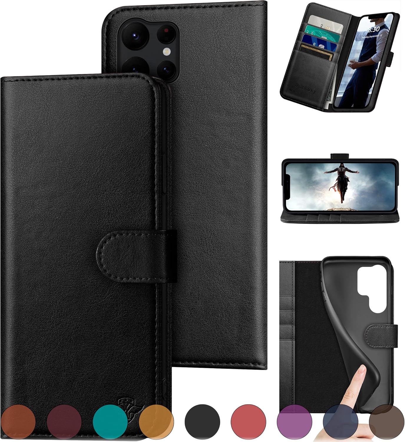 DuckSky for Samsung Galaxy S23 Ultra Genuine Leather Wallet case 【RFID Blocking】【4 Credit Card Holder】【Real Leather】 Flip Folio Book Phone case Protective Cover Women Men for S23Ultra case Black