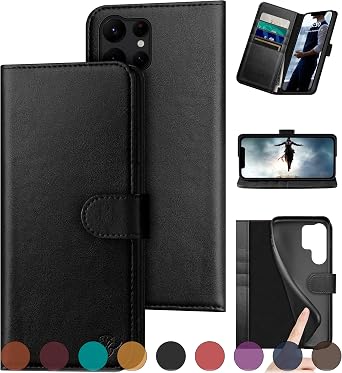 DuckSky for Samsung Galaxy S23 Ultra Genuine Leather Wallet case RFID Blocking4 Credit Card HolderReal Leather Flip Folio Book Phone case Protective Cover Women Men for S23Ultra case Black