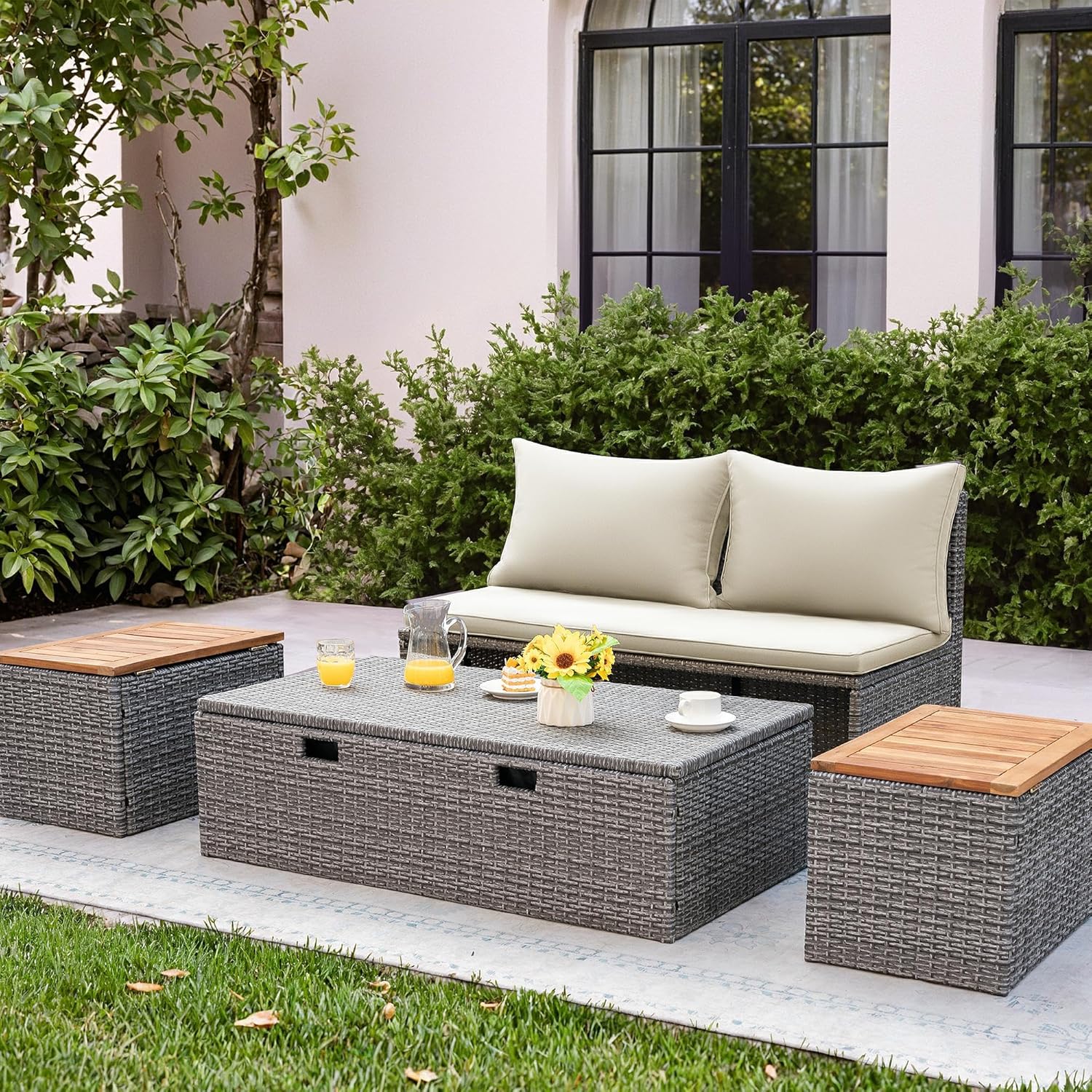 Flamaker Outdoor Rattan Daybed with 2 Side Tables, Multifunctional Wicker Patio Sofa with Storage Ottoman, Cushions, Sunbed Wicker Furniture Chaise Lounge Chair for Backyard Porch Poolside(Beige)