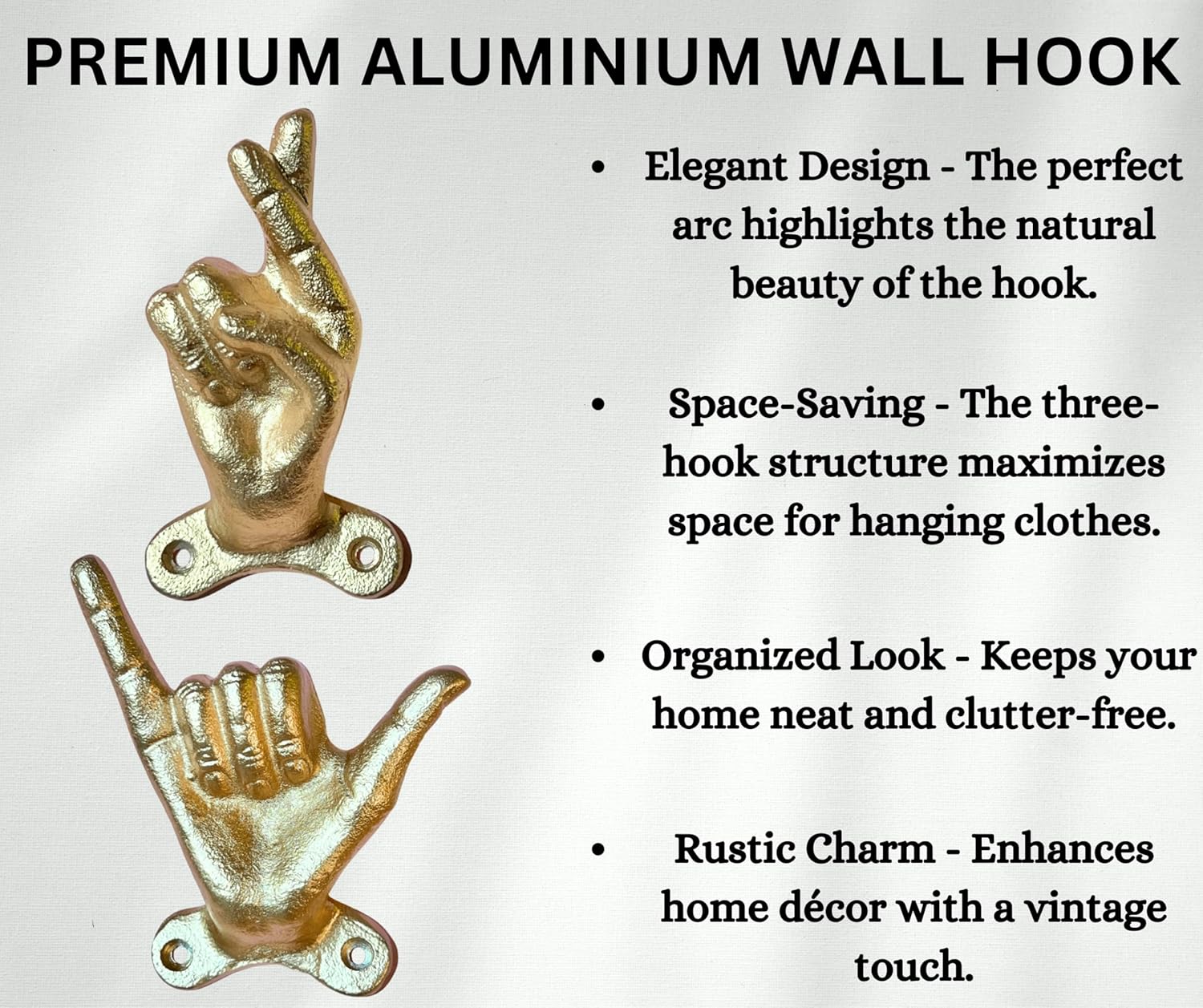 Set of 3 Hand Gesture Decorative Wall Hooks, 4 Inches High-Hang Loose-Rock On-Cross Fingers Gestures. Unique Stylish Key or Towel Hangers Backpack Hanger-Coat Hooks Home Decor for Storage (Gold)