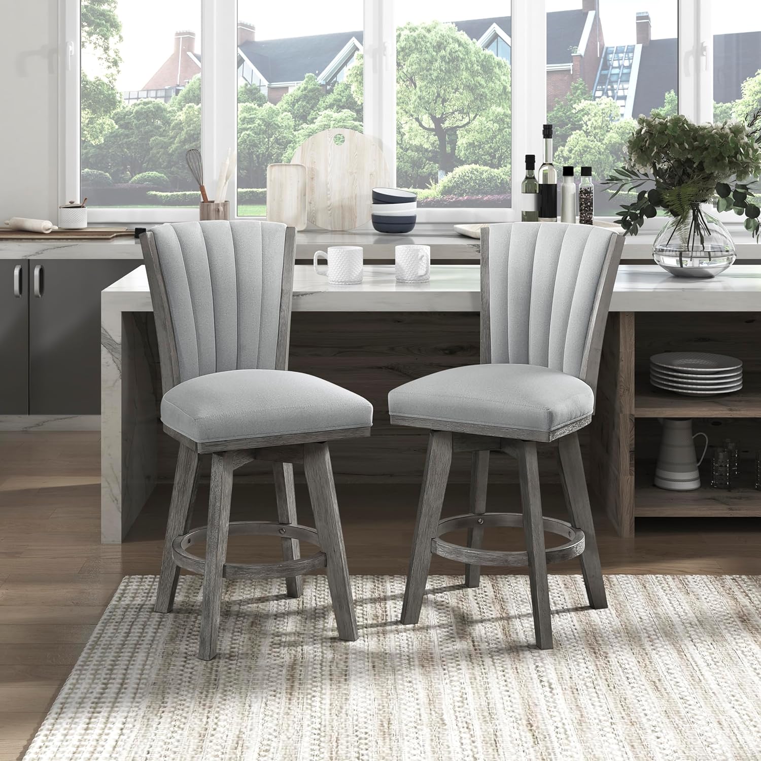 Lexicon Swivel Bar Stools Set of 2, Wood Frame Bar Height Stools with Footrest and Back, for Kitchen Island, Dining Room, 30.5" SH, Grey Finish and Thick Grey Velvet Cushion Seat