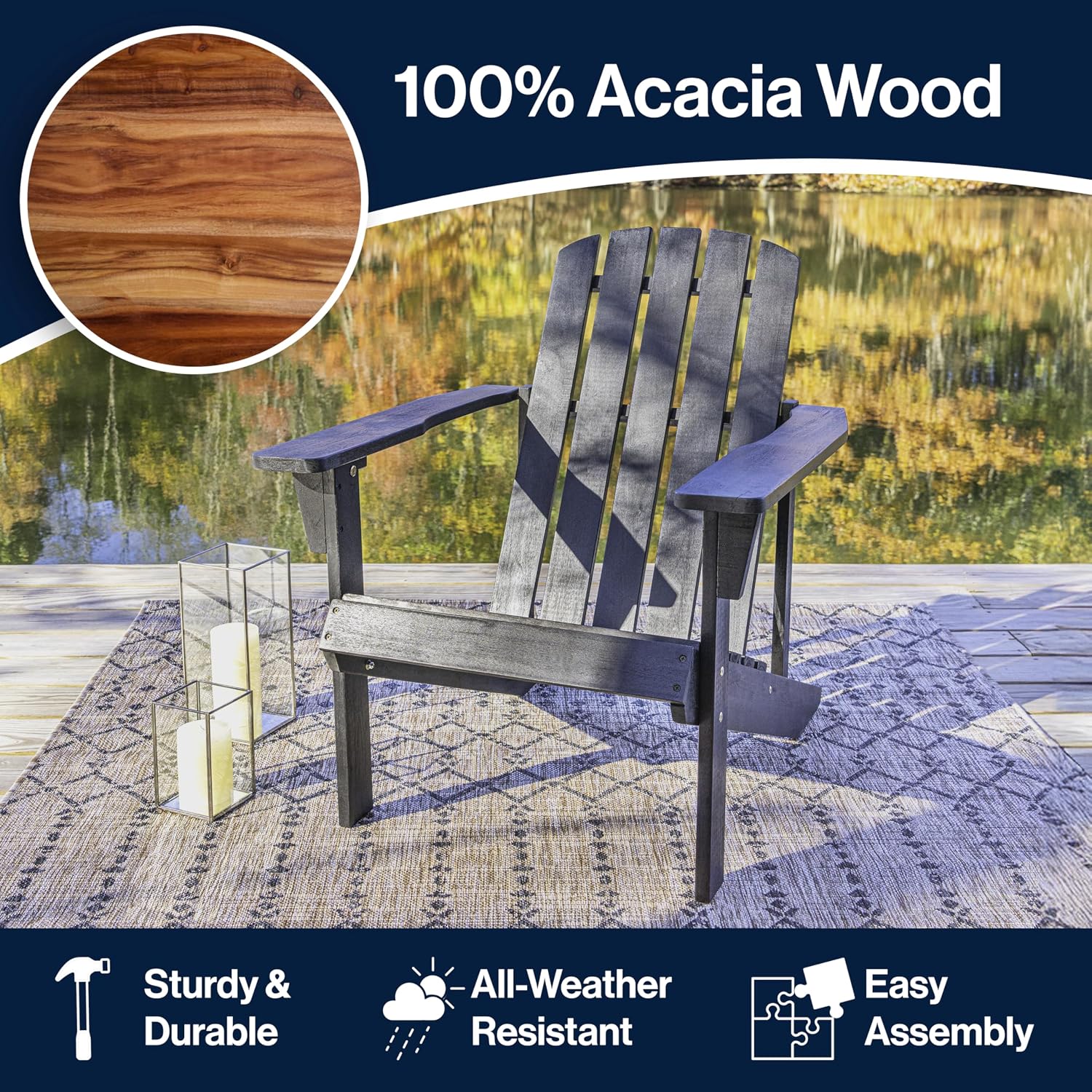 JONATHAN Y Westport Black Solid Acacia Wood Outdoor Adirondack Chair, Weather-Resistant Wood Patio Lounge Chair for Deck, Garden, and Fire Pit, Classic Slatted Design PAT1002D
