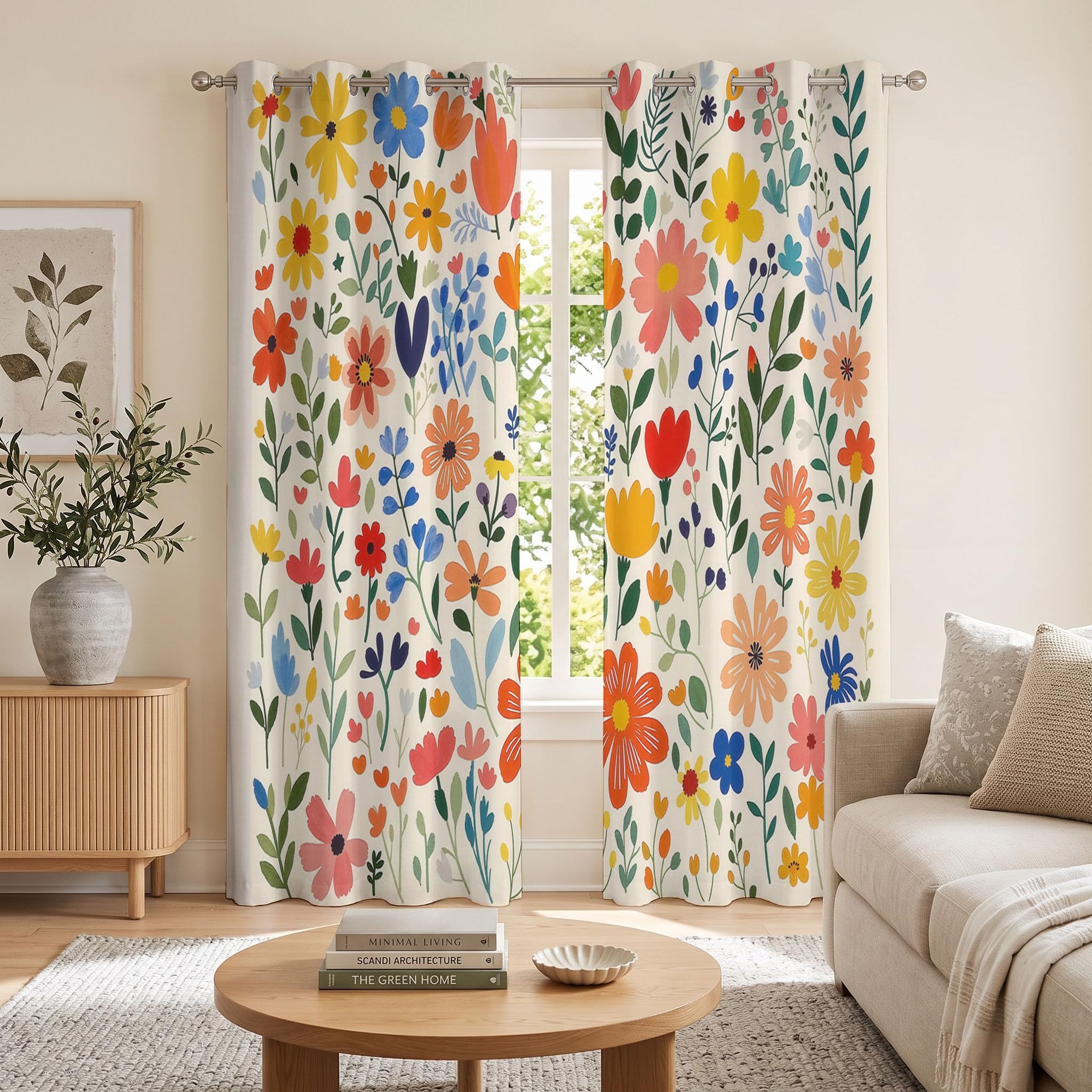 Handbemalte Blumen Blätter Vorhänge, Schöne Landschaft Vorhang Blickdicht Thermo Verdunkelungsvorhänge Mit Ösen - Beige Gardinen Wohnzimmer Schlafzimmer Fenster - H214 x B91.5 cm (2er Pack)