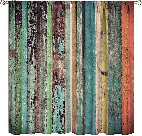 HROZINO Cortinas retro coloridas, tablones verticales de madera en diseño colorido, carpintería, madera de roble, vida rústica, cortinas de ventana