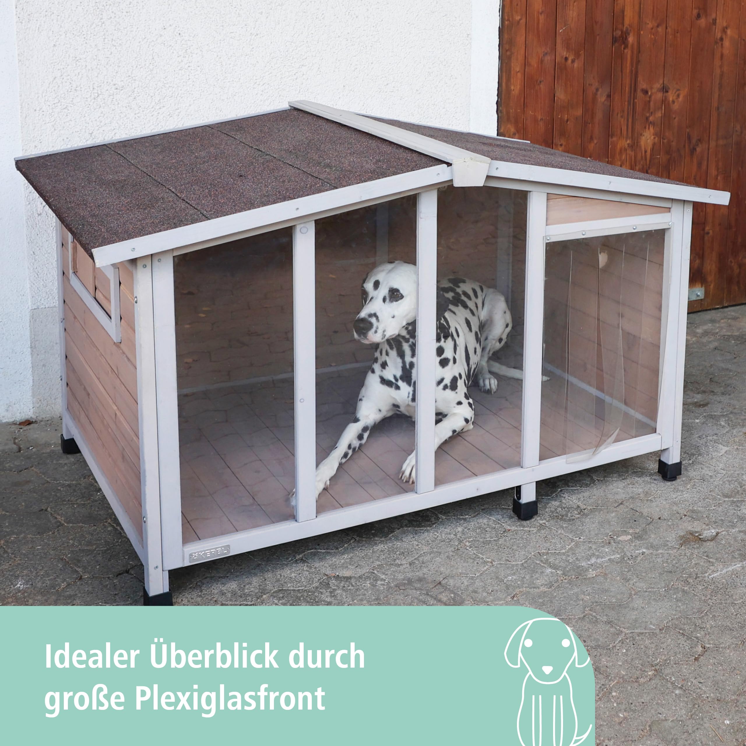 Kerbl Pet Hundehütte Overview, Hundehaus, 134x92x82cm, Holz, Kunststoff, Plexiglas, Hunde, wetterfestes Dach, 2 Schiebefenster