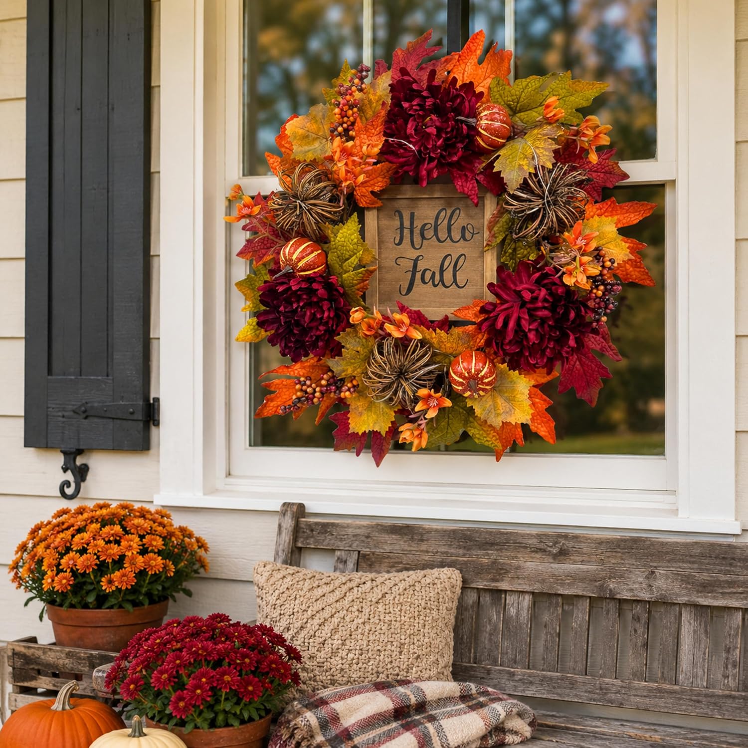 Svndlyn 22 Inch Lighted Fall Wreath with Timer and Hello Fall Sign