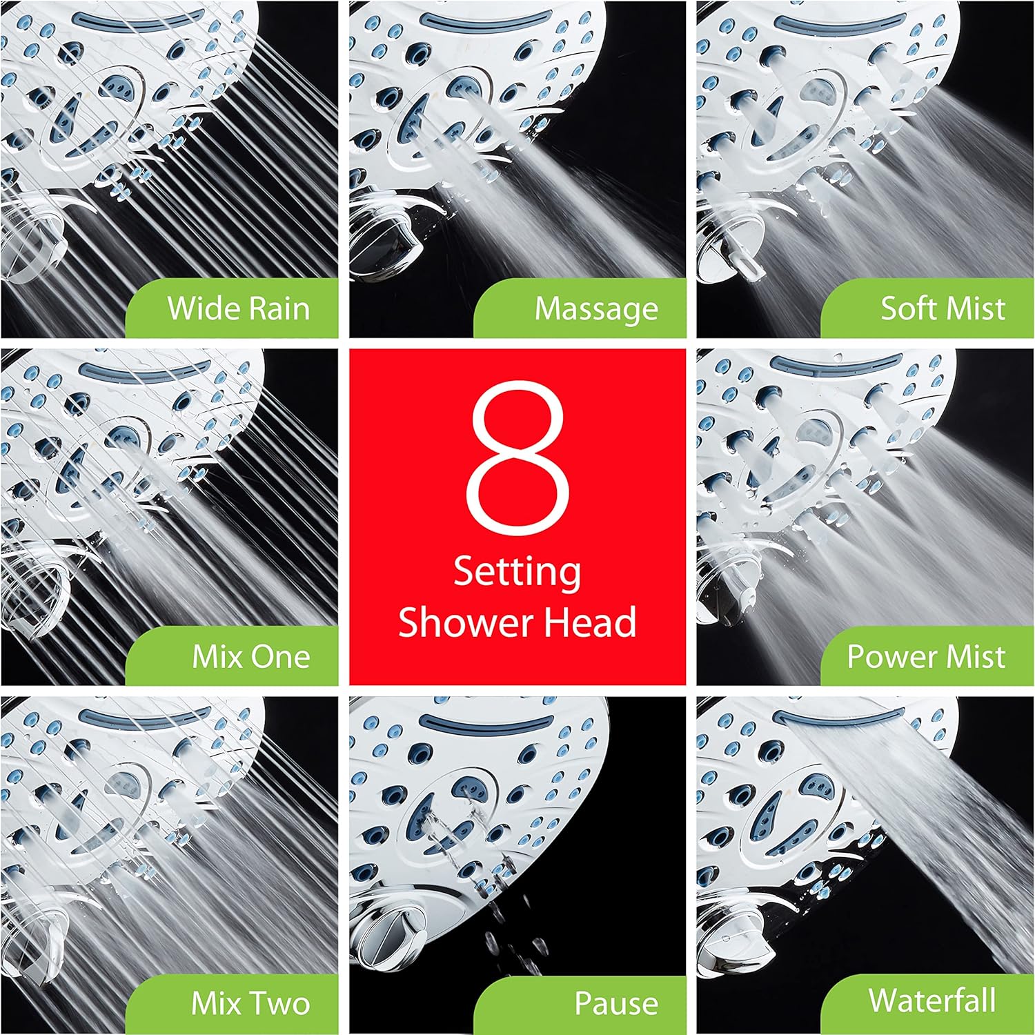 Hotel Spa AquaCare High Pressure 8-setting 7 inch Rainfall Shower Head with Cascading Waterfall and Special Hygienic Anti-clog Nozzles for Cleaner, More Powerful Shower Top American Brand