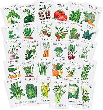 Sereniseed Certified Organic Vegetable Seeds 30-Pack Non GMO, Open Pollinated - Basil, Snap Pea, Broccoli, Bean, Jalapeno, Tomato, Lettuce, Cucumber, Carrot, Zucchini Seeds for Planting