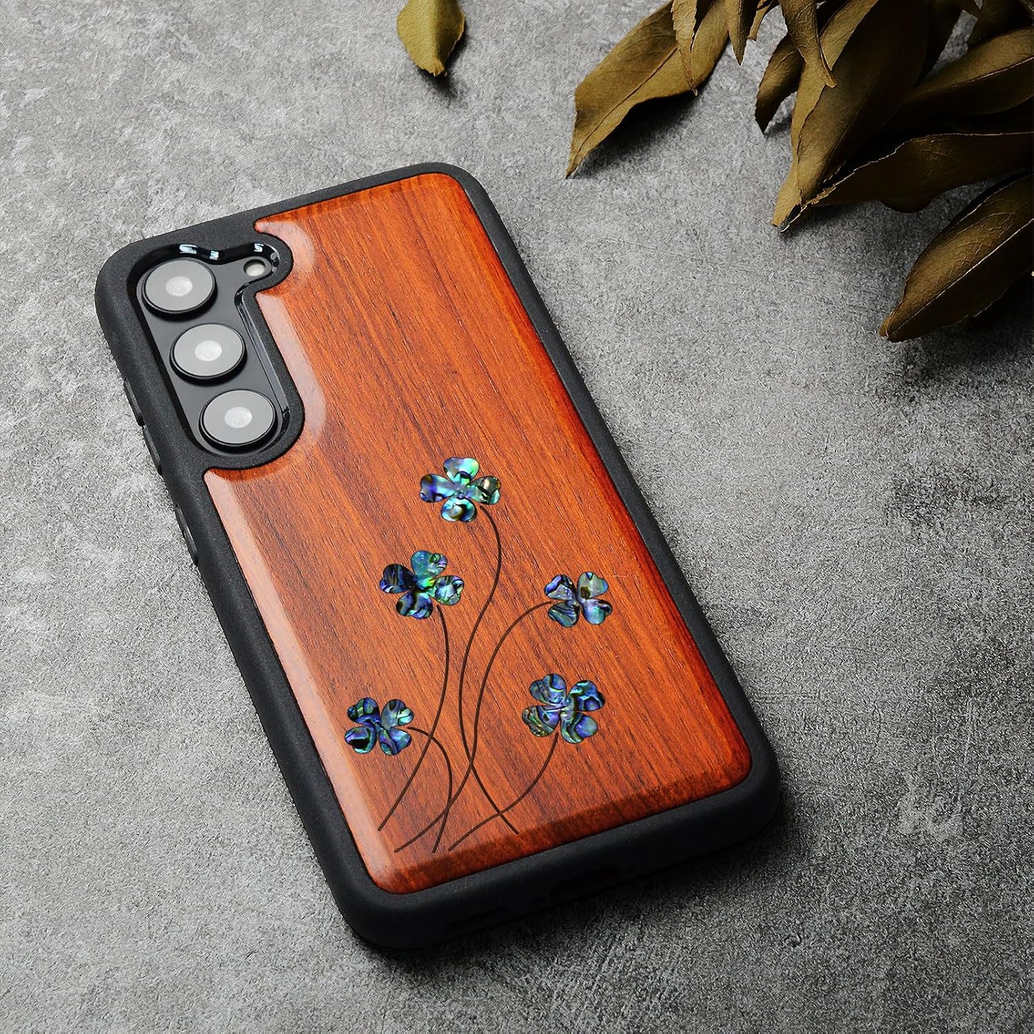 Carveit Designer Wooden Case for Samsung Galaxy S23 Cover [Wood Engraving & Shell Inlay] Compatible with Wireless Chargers Galaxy S23 Case (Four Leaf Clover-Rosy)