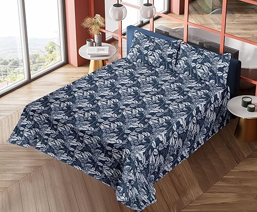 Miniatura 7 de Ambesonne Floral Sheet Set, Monochrome Vintage Art of Continuous Flowers and Leaves on Night Themed Back, Fitted and Flat Sheet with Pillowcase