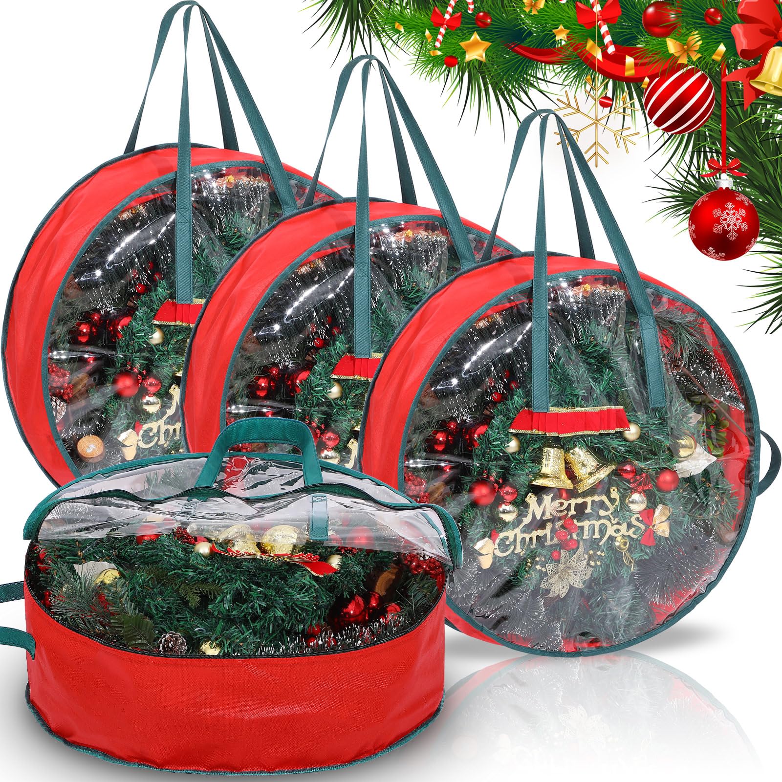 Sac de rangement couronne de Noël transparent 61 cm avec poignée robuste