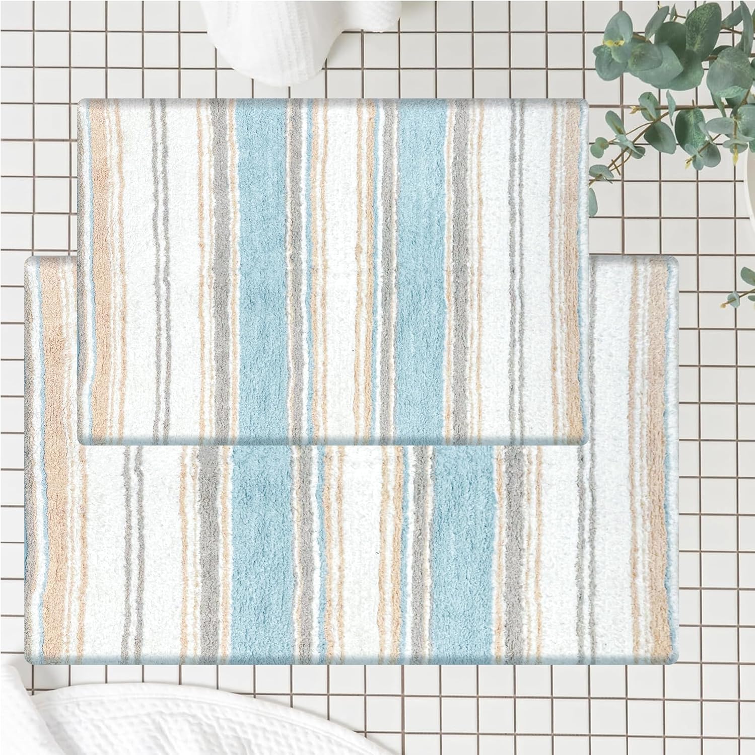 Chardin home Maui Bath Mat, Set of 2 Bath Rugs (17 Inches x24 Inches & 21 Inches x34 Inches) | Non Slip Bathroom Rug, Machine Washable, Plush, Highly Absorbent | Coastal Blue-Beige-White