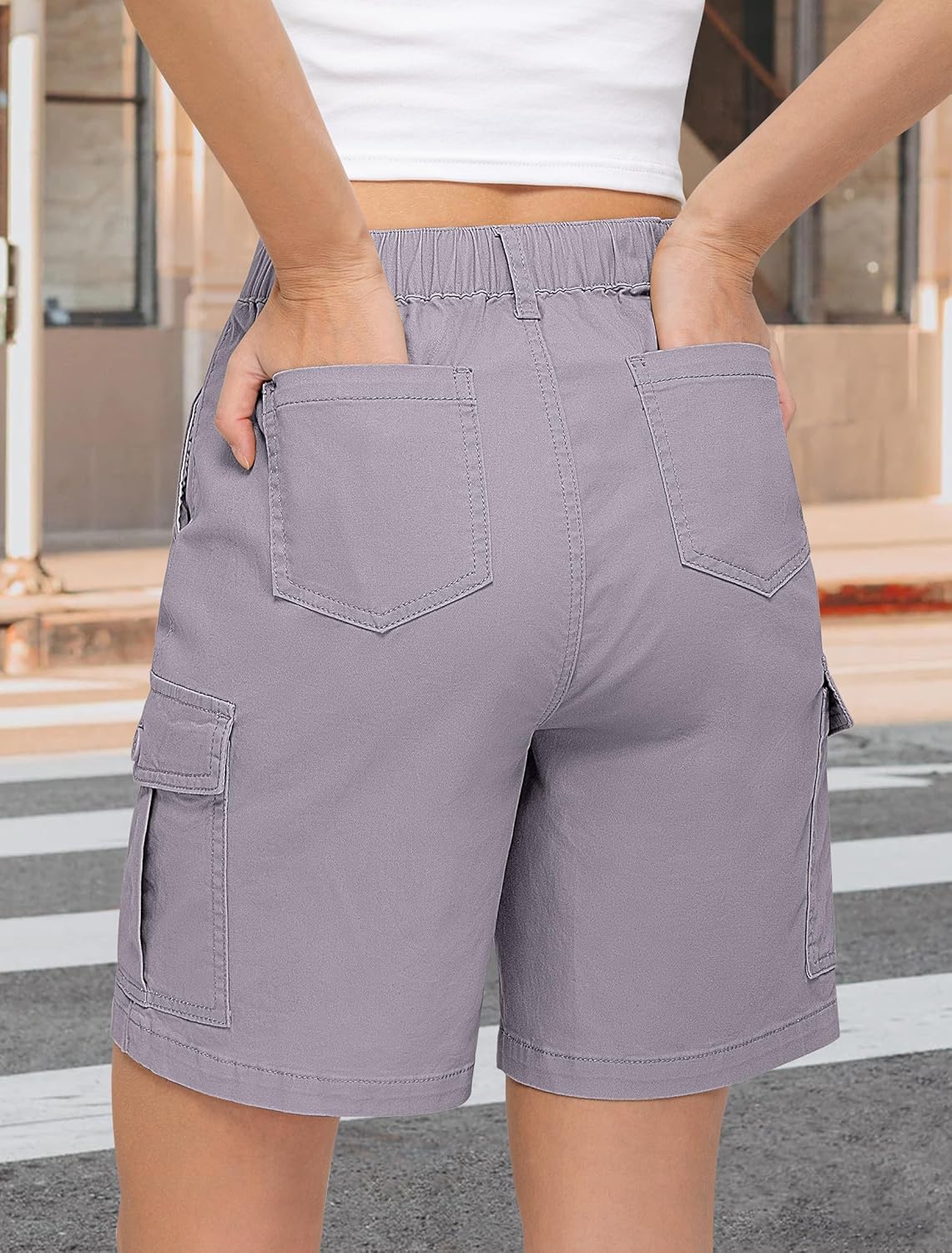 IWD Bermuda Cargo Denim Shorts for Women Knee Length 6 Pockets Elastic Waist Long Jorts for Summer Casual - Image 2