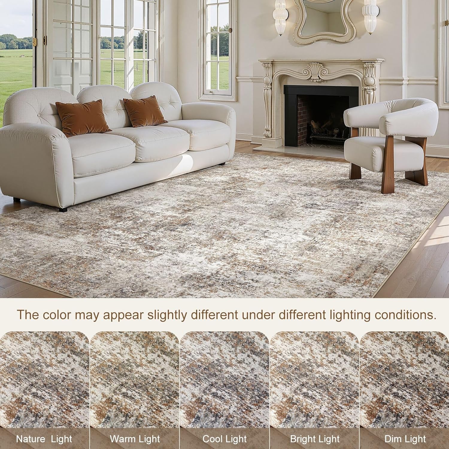 9x12 Area Rugs for Living Room: Washable Large Neutral Abstract Rug Soft Non Slip Stain Resistant Low Pile Indoor Carpet for Bedroom Dining Room Nursery Office Playroom - Brown Grey