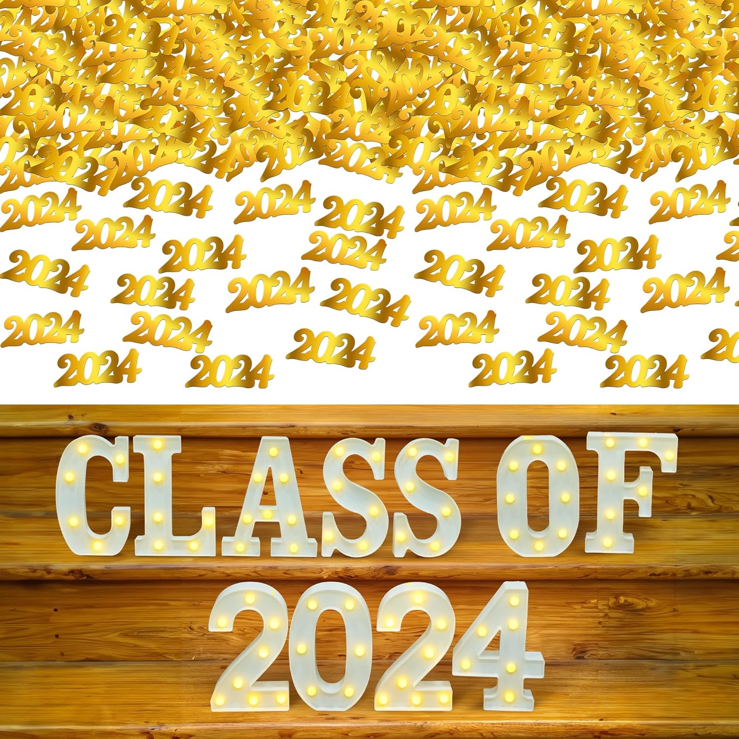 KatchOn, Gold Graduation 2024 Confetti - Pack of 500 | Light Up Class of 2024 Sign - 8x5 Inch | Gold Graduation Confetti 2024 for Graduation Party | Class of 2024 Light for Graduation Decorations
