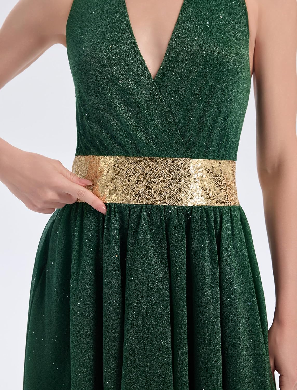 AFAVOM Sequin Lyrical Dance Dress for Women Halter V-Neck Backless Lyrical Dancewear Flowy Skirt Contemporary Dance Costumes