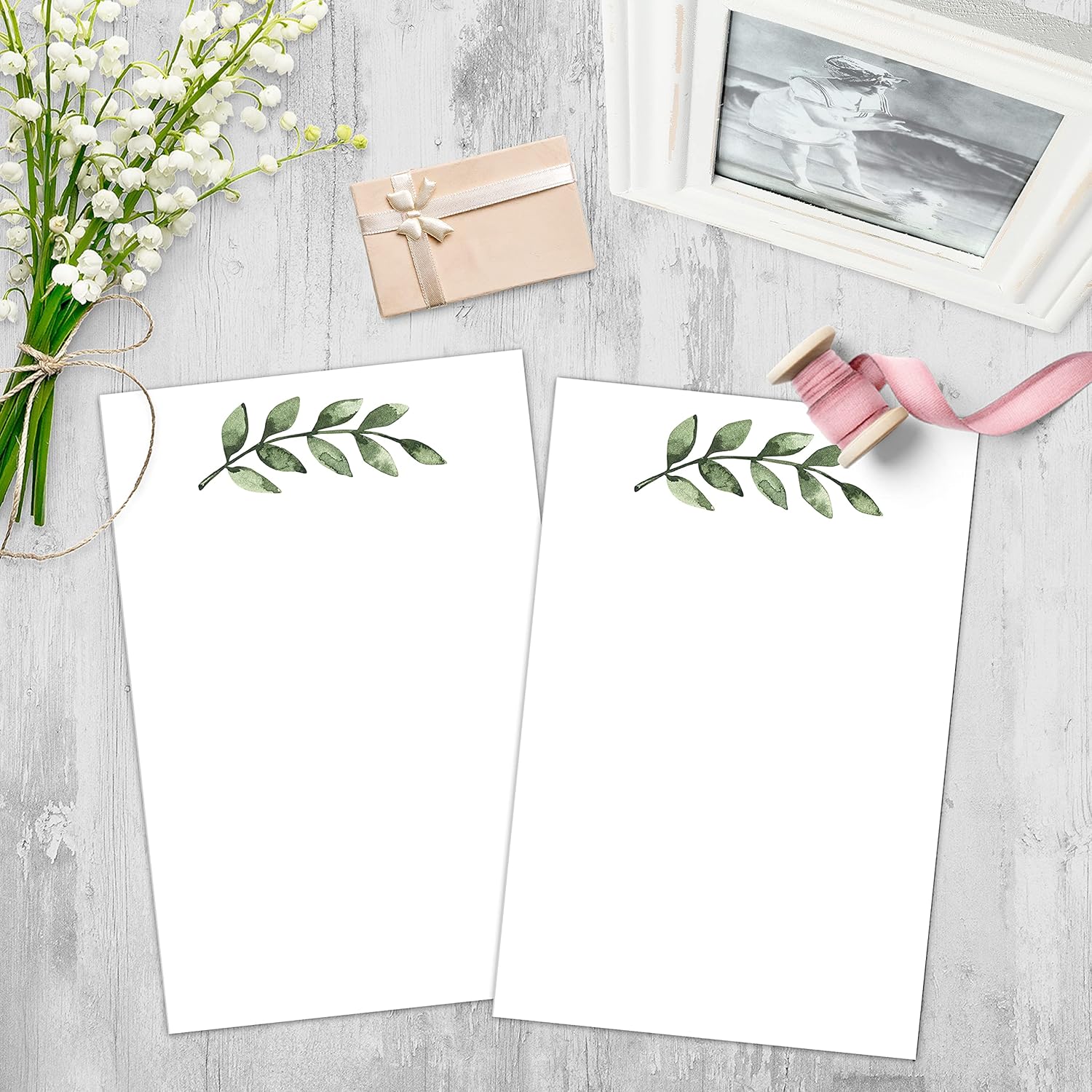321Done Greenery Bundle: 4x6 Blank Note Cards and 3.5x2 Place Cards - Thick Cardstock, Rustic Green Leaves Design for Dinner, Wedding, Reception, Buffet, Party, Made in USA - White