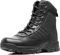WIDEWAY Men's Black Waterproof Tactical Military Combat Boots w/Side Zipper - Slip-Resistant Leather Work Boots for All-Day Comfort (6-8 Inch)