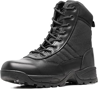WIDEWAY Men's Black Waterproof Tactical Military Combat Boots w/Side Zipper - Slip-Resistant Leather Work Boots for All-Day Comfort (6-8 Inch)