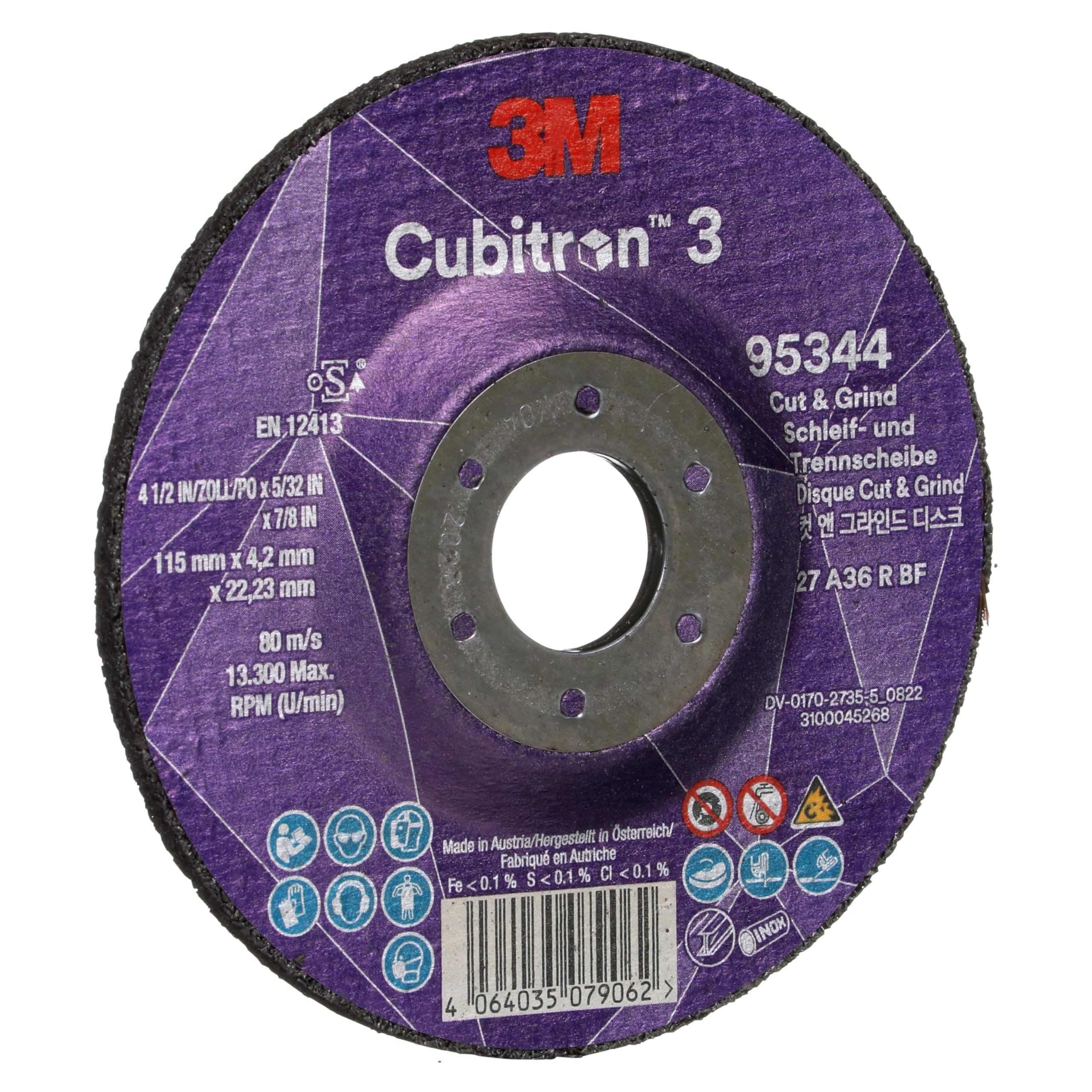3M Cubitron 3 Disco de Corte y Desbaste, 95344, 36+, T27, EN | 115 mm x 4.2 mm x 22.23 mm, Paquete de 10 Unidades