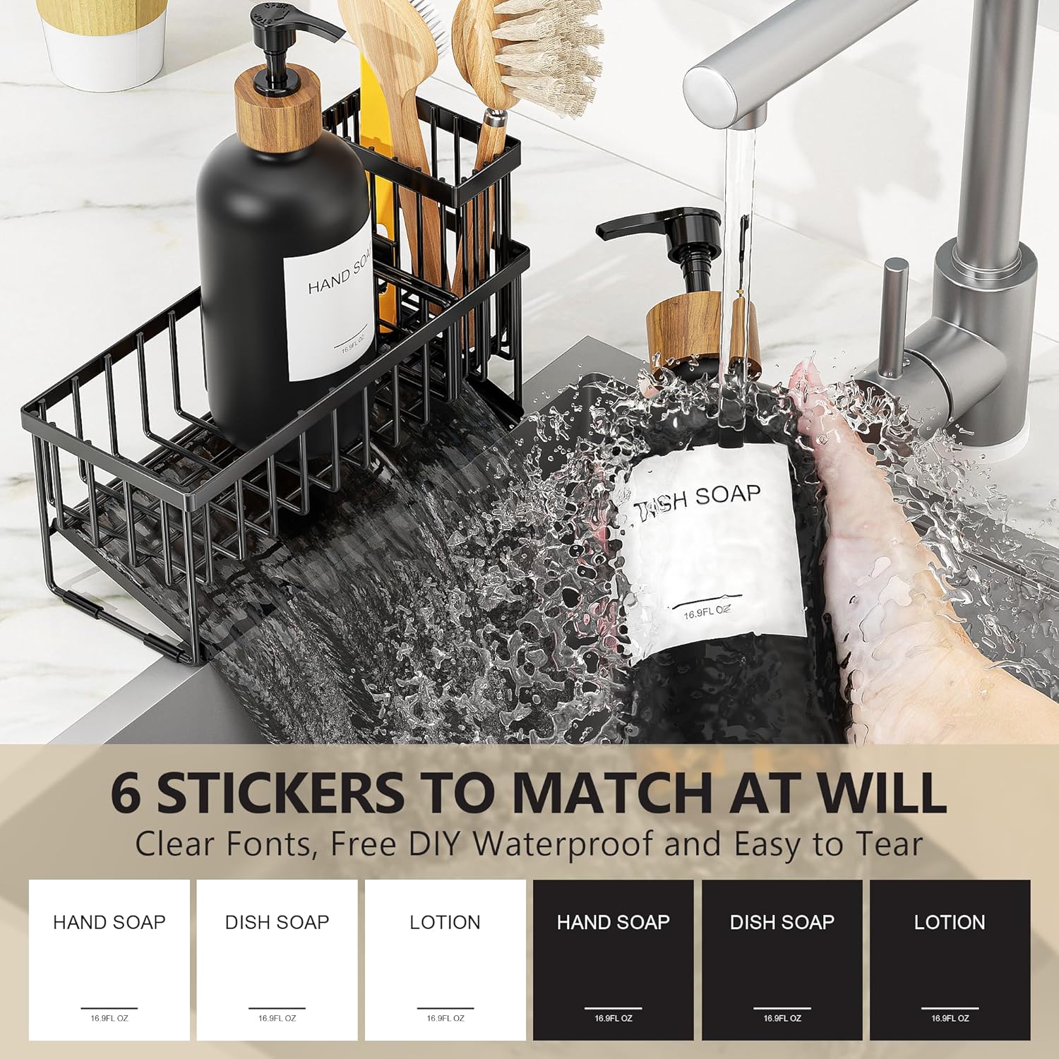 Cisily Kitchen Dish Soap Dispenser Set with 2 Pack 16.9oz Black Glass Bottle and Sponge Holder, Dish Soap Dispensers with Adjustable Sponge Holder, Vintage Hand and Dish Soap Dispensers Set