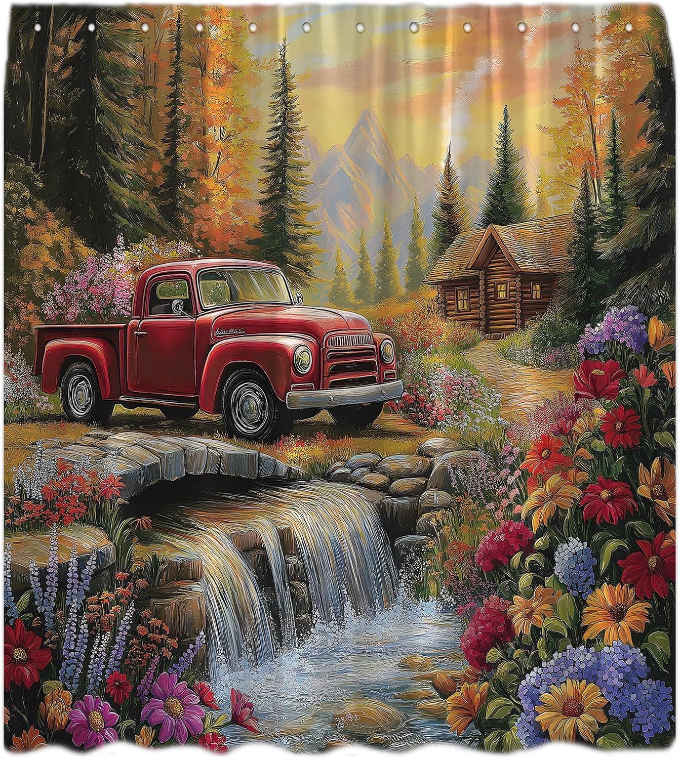 Fall Forest Waterfall Shower Curtain Retro Red Truck Wildflower River Tree Rustic Farmhouse Western Country Autumn Nature Floral Plant Landscape Scenery Bathroom Curtains with Hook,70x83.8 Inch
