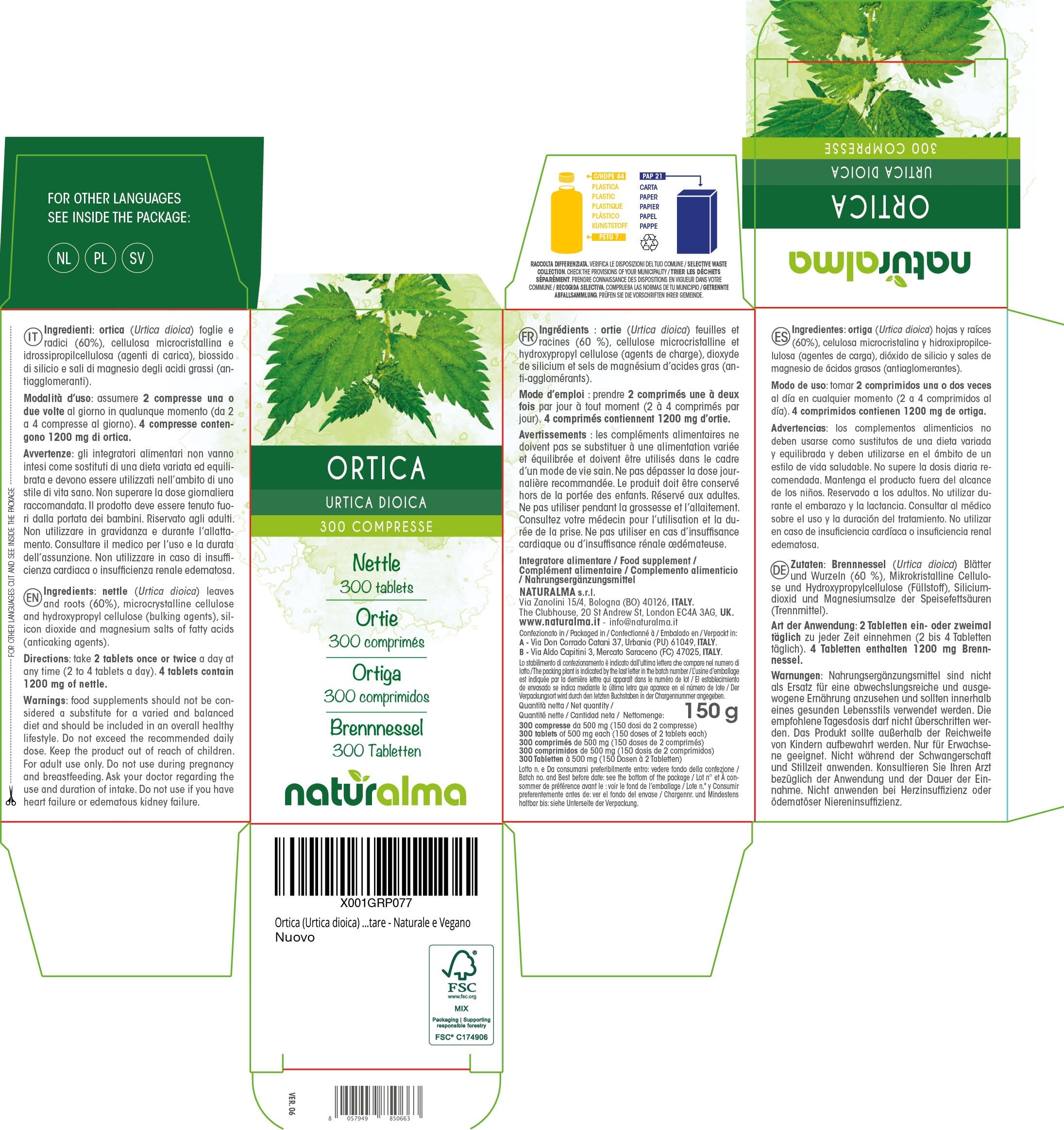 Ortica (Urtica dioica) foglie e radici Naturalma - 150 g - 300 compresse - Integratore alimentare - Naturale e Vegano