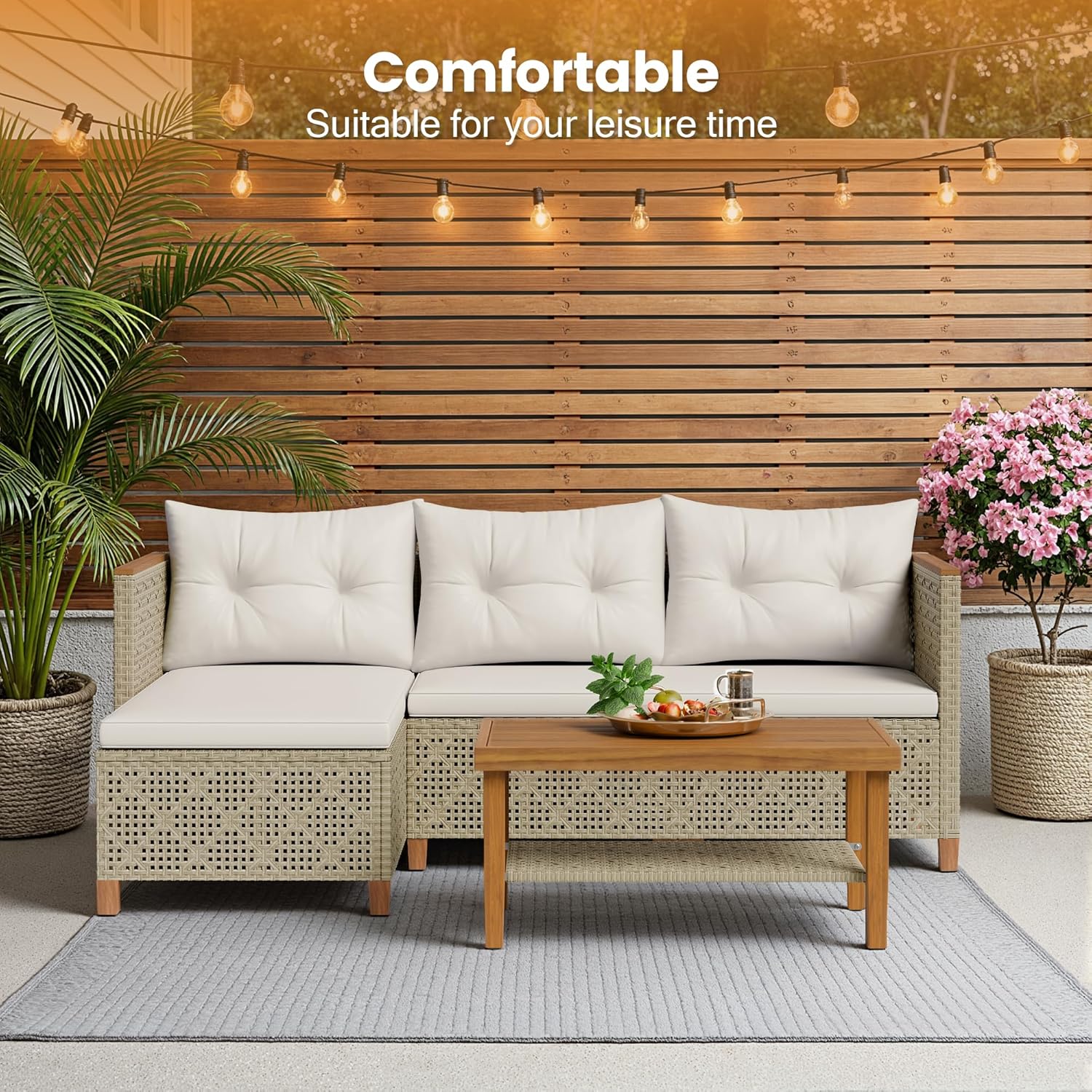 Devoko Wicker Patio Furniture Set, 3 Pieces Outdoor Sofa with Tufted Pillow,PE Rattan Small Sectional Couch Set for Backyard, Deck,Porch & Poolside(Brown)