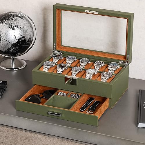 Miniatura 3 de Juego de regalo Caja de reloj de cuero con 10 ranuras con cajón de valet y funda de viaje a juego para 5 relojes, organizador de exhibición de