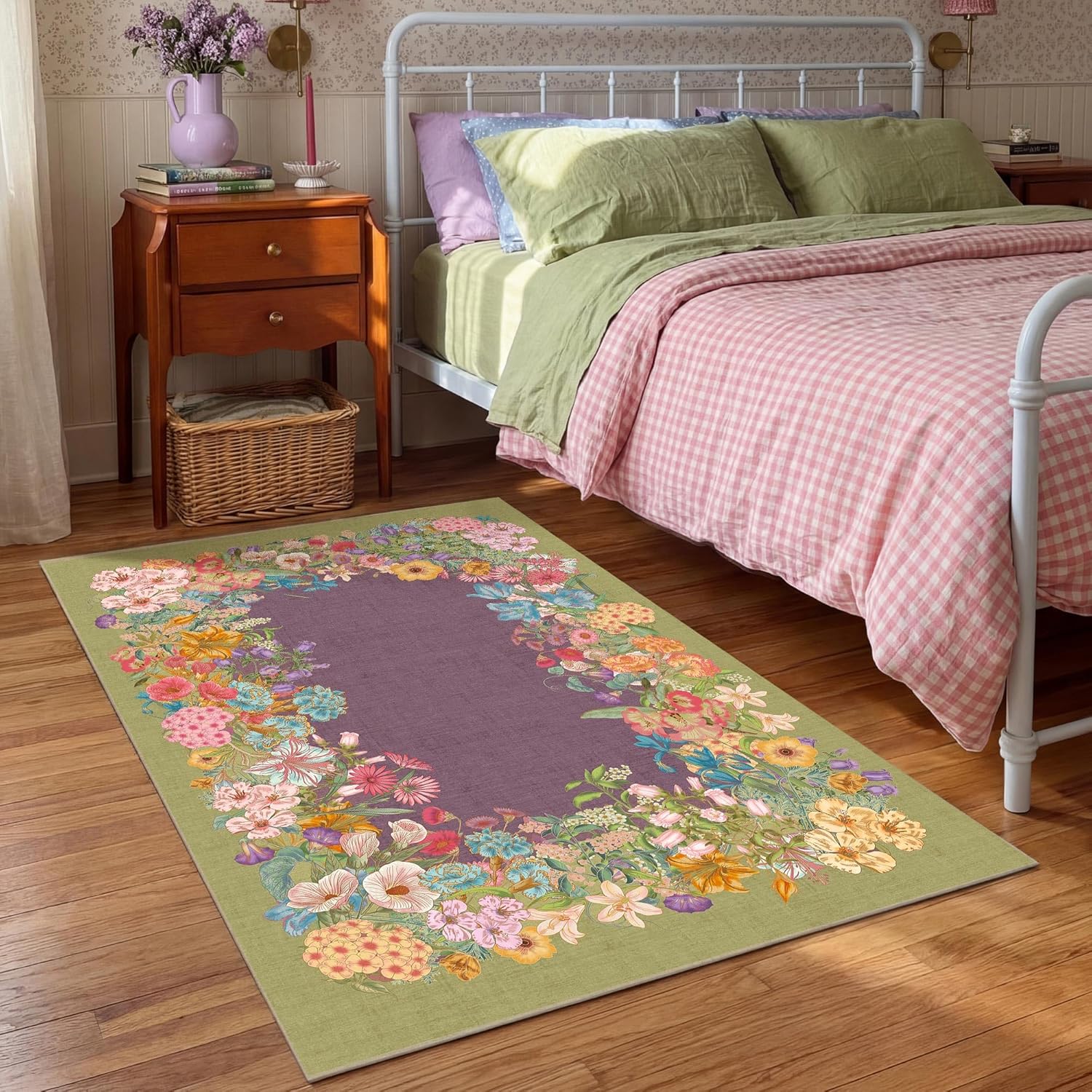 Boho Floral Area Rug 2x3, Washable Low Pile Non-Slip Farmhouse Romantic Vintage Decor, Foldable Stain Resistant Carpet for Bedroom Living Room Office Nursery Entryway Cottagecore Violet Green Rug