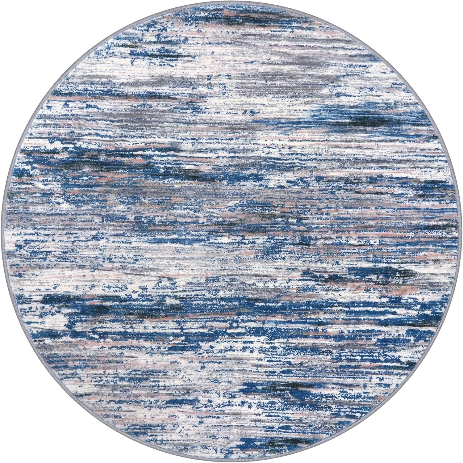 SIILOOM 3' Washable Round Rug for Entryway, Navy Blue Gray Neutral Multi Soft Non-Slip Area Rugs Modern Abstract Low-Pile Carpet, Neutral Vintage Circle Rugs for Living Room Dining Bedroom Foyer