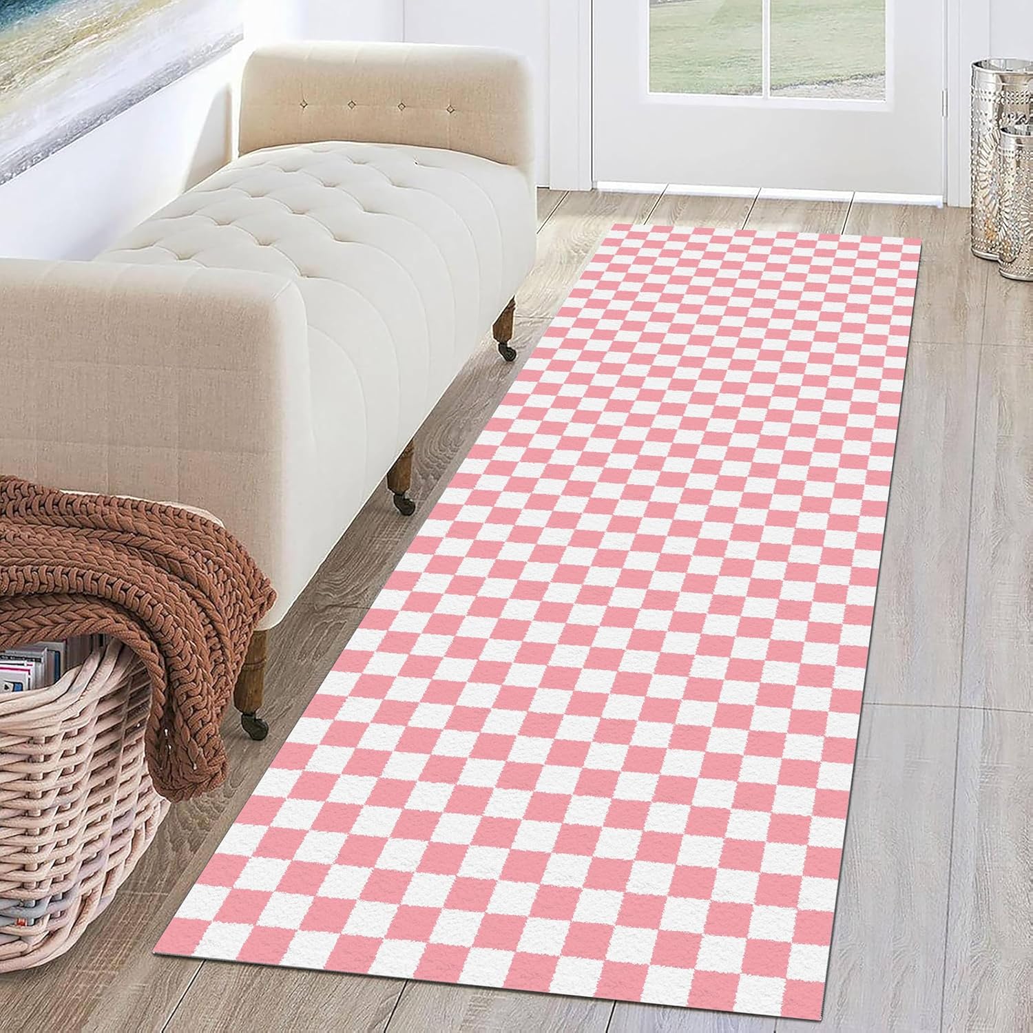 1.3x7 ft Pink Checkered Rug Runner, Washable Non-Slip Soft Low Pile Indoor Carpet for Hallway, Bedroom, Bath Mat, Nursery, Kids Room, Playroom