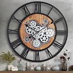 Lafocuse 23 Inch Wooden Real Moving Gears Wall Clock for Living Room, Black Farmhouse Vintage Large Wall Clock for Home Decor, Horloge Murale Decorative for Dinning Room Office Kitchen
