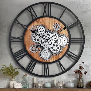 Lafocuse 23 Inch Wooden Real Moving Gears Wall Clock for Living Room, Black Farmhouse Vintage Large Wall Clock for Home Decor, Horloge Murale Decorative for Dinning Room Office Kitchen