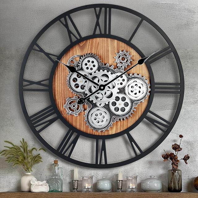 Lafocuse 23 Inch Wooden Real Moving Gears Wall Clock for Living Room, Black Farmhouse Vintage Large Wall Clock for Home Decor, Horloge Murale Decorative for Dinning Room Office Kitchen