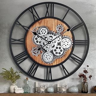 Lafocuse 23 Inch Wooden Real Moving Gears Wall Clock,Large Farmhouse Wall Clock for Living Room Decor,Steampunk Clock Vint...