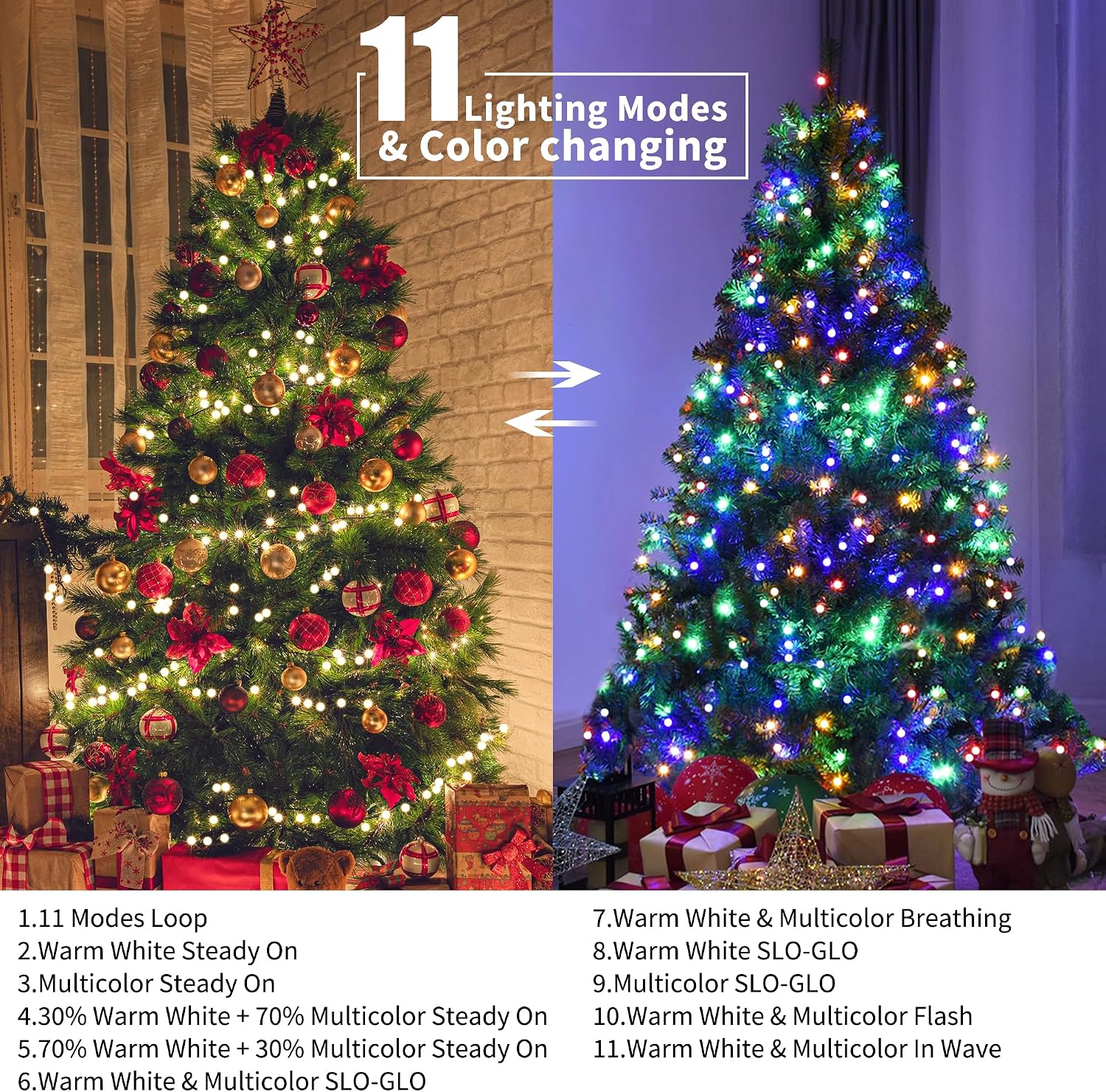 BrizLabs Christmas Lights, 98FT 300 LED Color Changing String Lights,11 Modes Warm White & Colored Christmas Tree Light with Remote Timer, Indoor Outdoor Mini Globe Light for Xmas Patio Garden Party