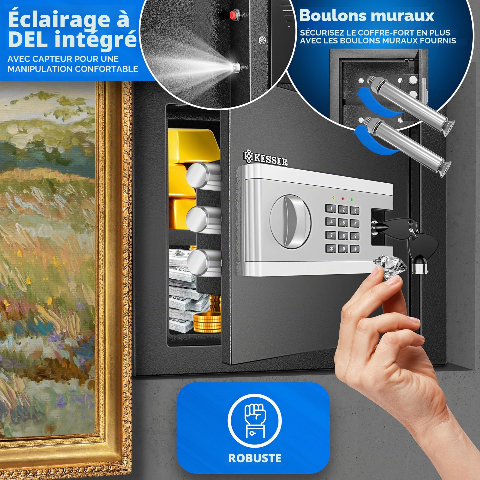 KESSER® Coffre-fort électronique | 40x50x40cm | Incl. boîte à piles | Coffre-fort électronique | 3x double verrouillage | Coffre-fort mural au sol | Coffre-fort pour meuble | Éclairage intérieur |