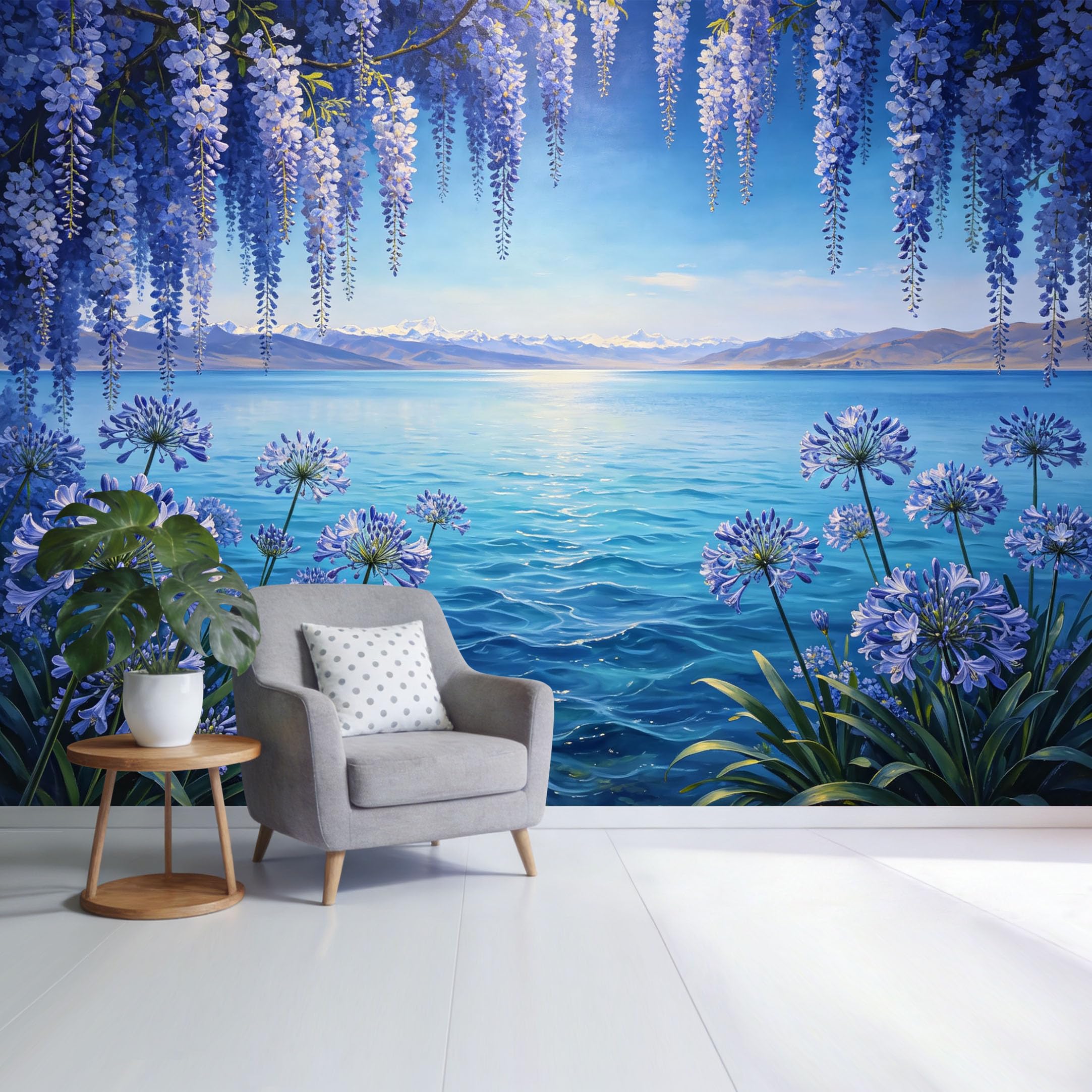 Custom Size Wall Mural Blue Wisteria Floral Coastal Lake Landscape Watercolor Style SelfAdhesive Wall Fabric Removable Wallpaper for Home Office Decor