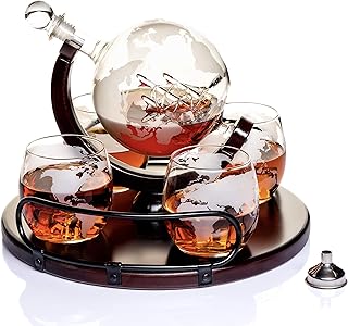 Whiskey Decanter Sets Globe Decanter for Alcohol – Newest Large Etched Globe Decanter for Men and Women with Wood Base – P...